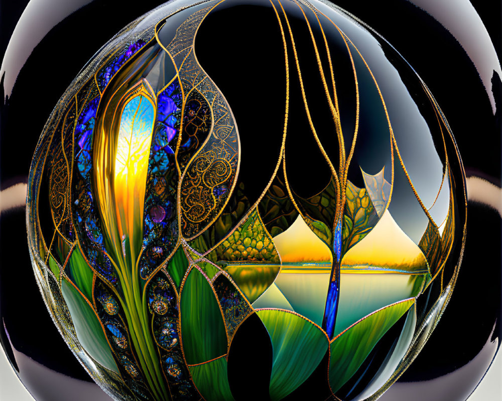 Colorful Fractal Design on Glossy Sphere with Symmetrical Composition