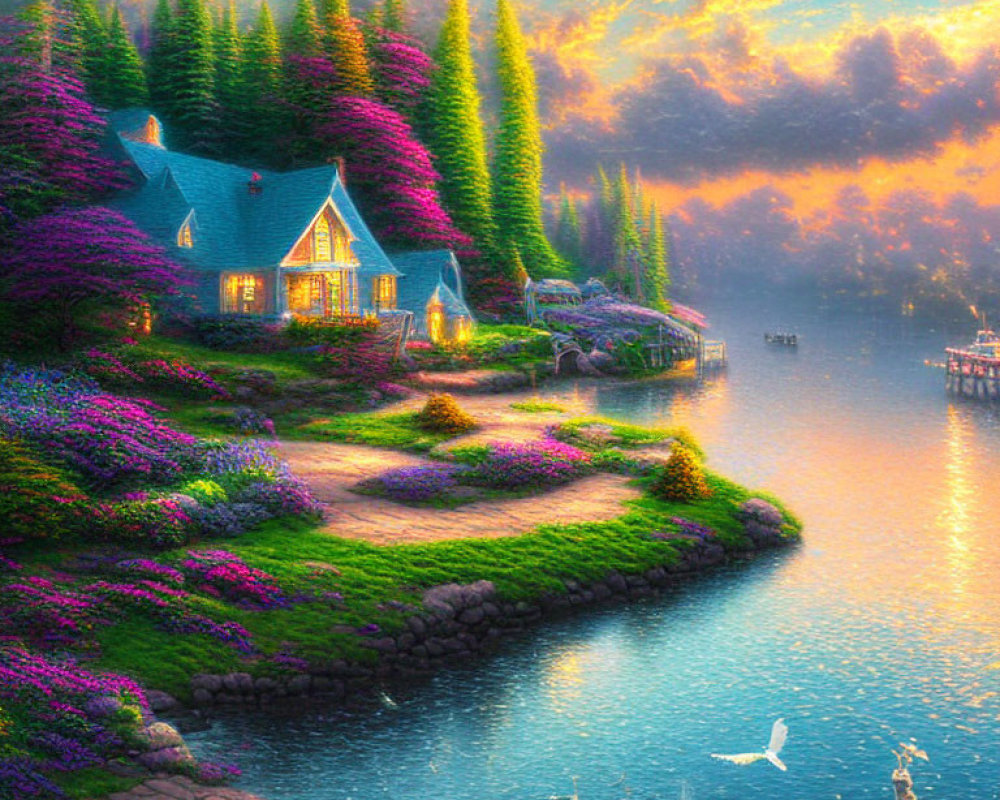 Cozy cottage by purple flowers at sunset near lake