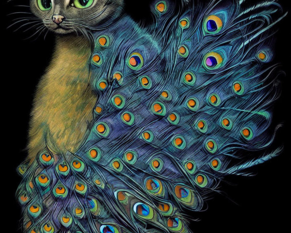 Colorful Cat Illustration with Peacock Tail and Eyespots