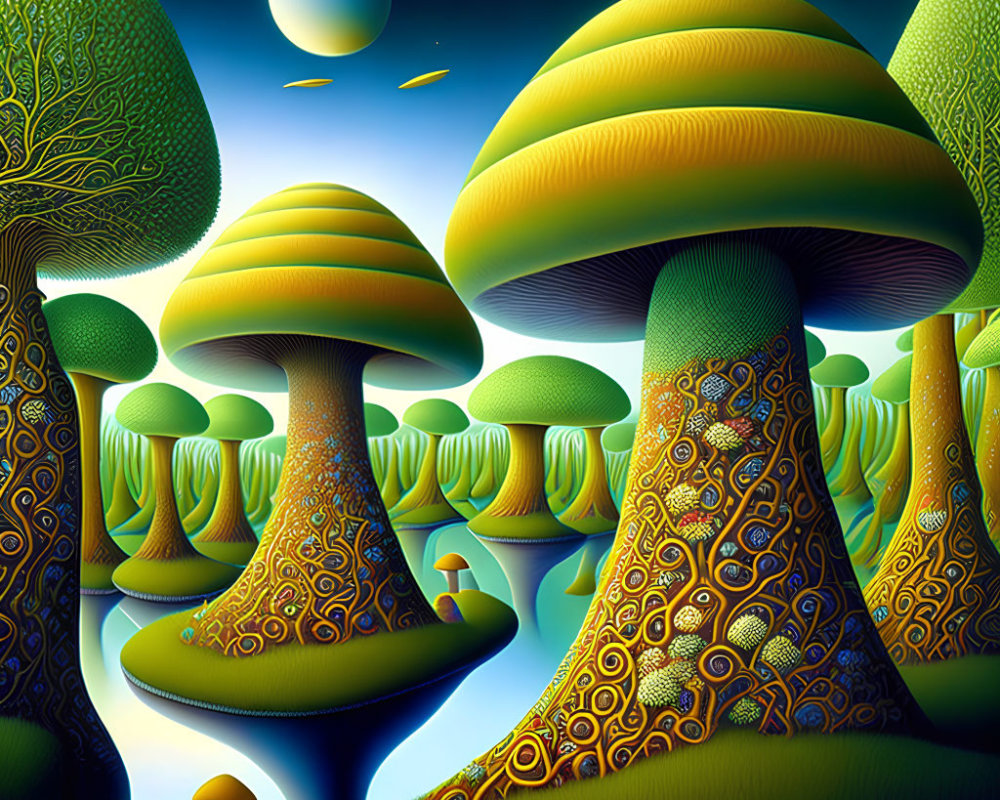 Colorful Stylized Landscape with Oversized Mushrooms and Two Moons