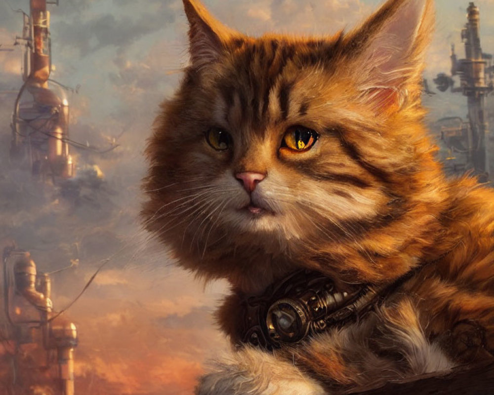 Steampunk-inspired orange tabby cat against industrial towers