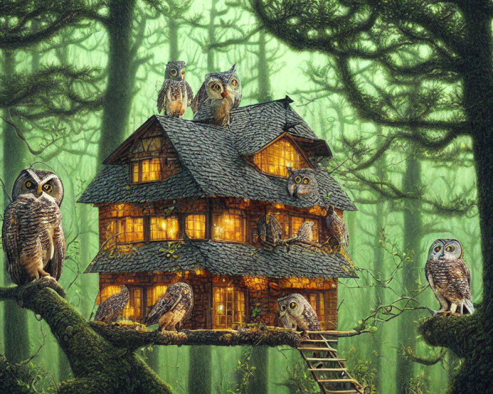 Six Owls Perched Around Cozy Treehouse in Forest at Dusk