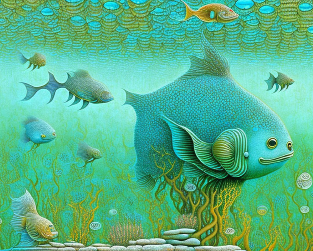 Colorful underwater scene with patterned fish and aqua tones