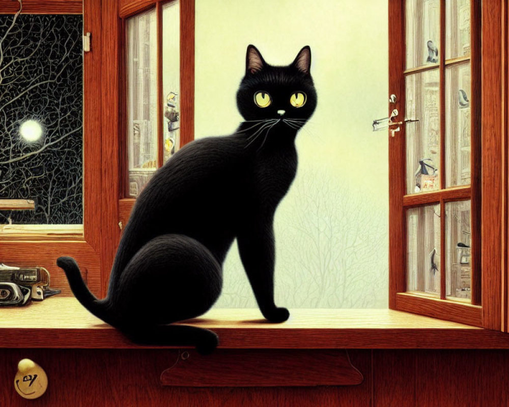 Black cat with yellow eyes on wooden window sill gazes at foggy landscape with birds.