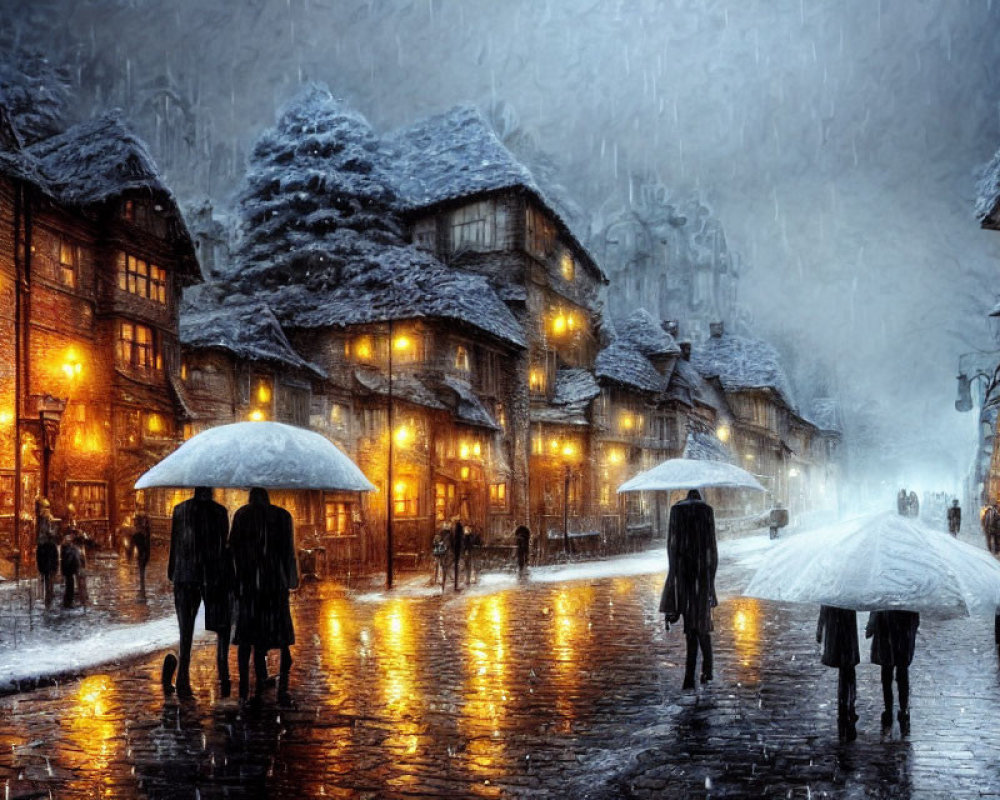 Snow-covered old-world street at night with warm golden lights and people carrying umbrellas.