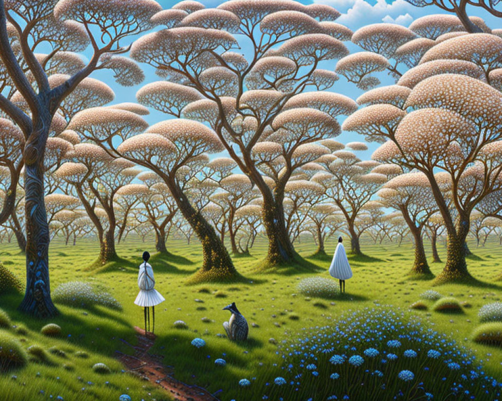 Whimsical painting of lush forest with bulbous trees and figures in white dresses