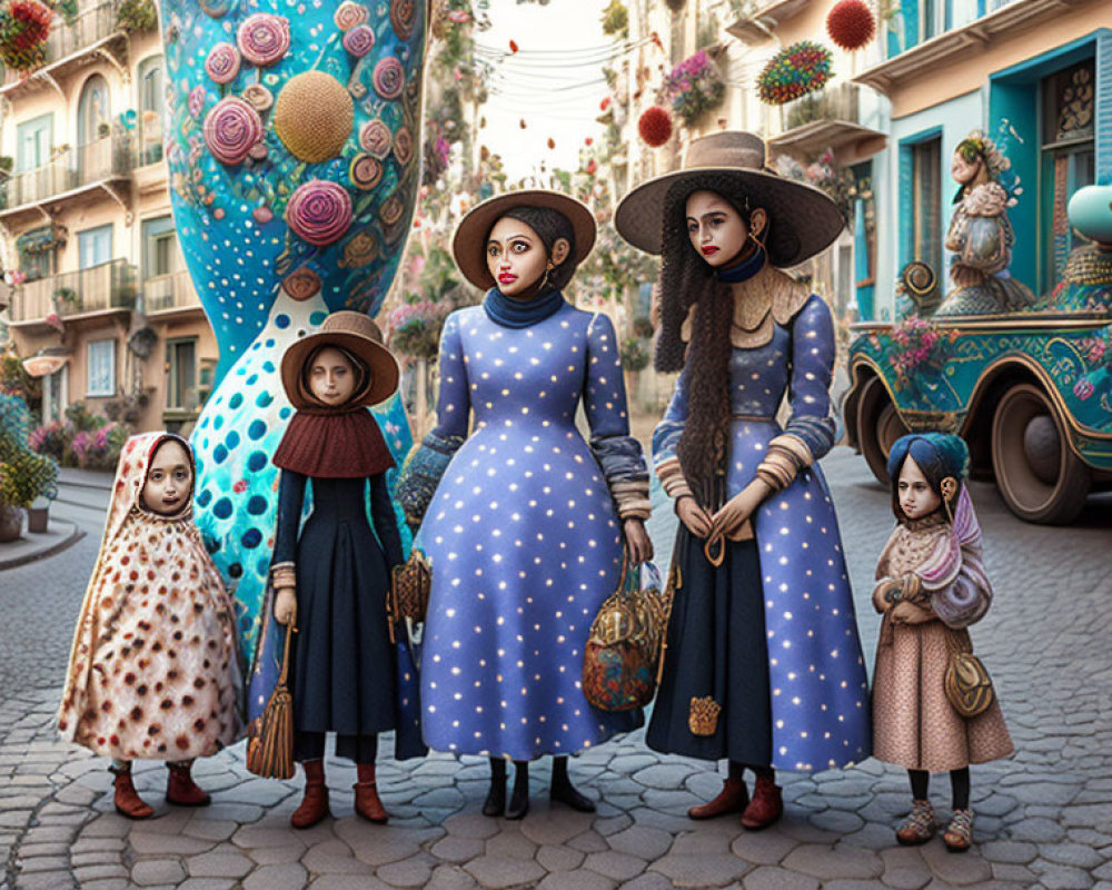 Whimsical vintage-themed illustration with five female characters on cobblestone street