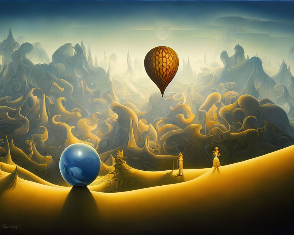 Surreal landscape with hot air balloon, glossy sphere, and figures on golden dune
