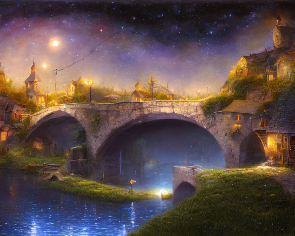 Enchanting village with glowing lights, stone bridge, and cozy homes