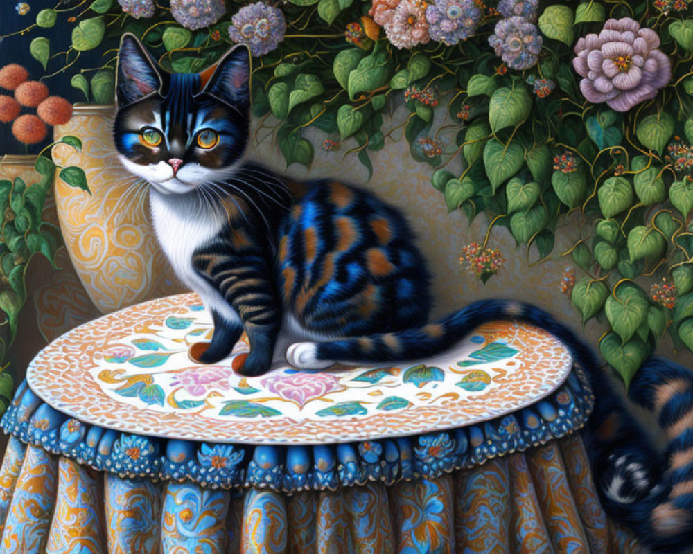 Colorful Painting of Patterned Cat on Ornate Table with Flowering Plants