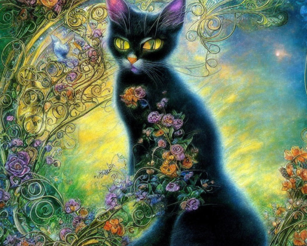 Mystical black cat with yellow eyes and roses on whimsical floral background