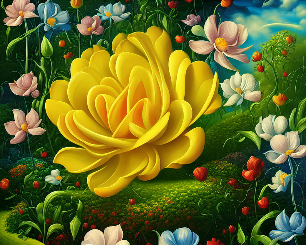 Colorful digital artwork: Vibrant garden scene with prominent yellow flower