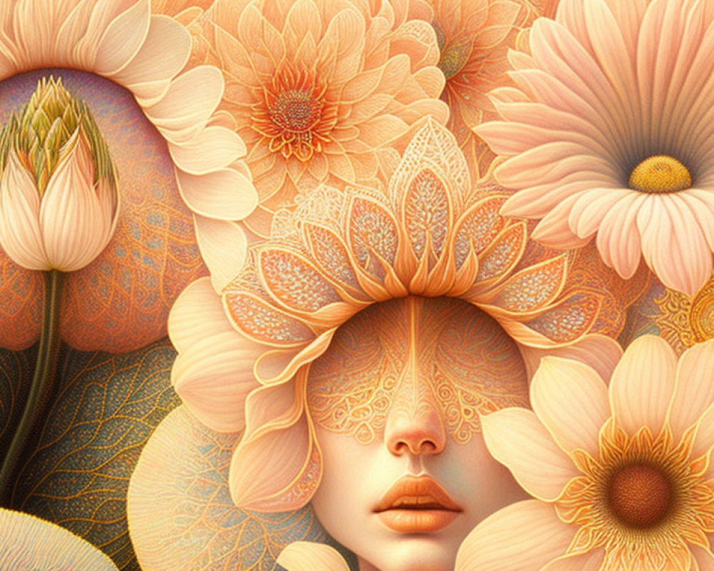 Surreal illustration of woman's face with stylized flowers
