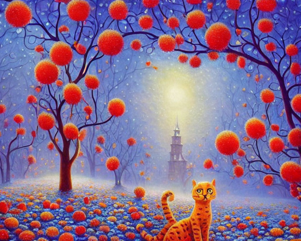 Colorful painting of curious cat in magical forest under starry sky