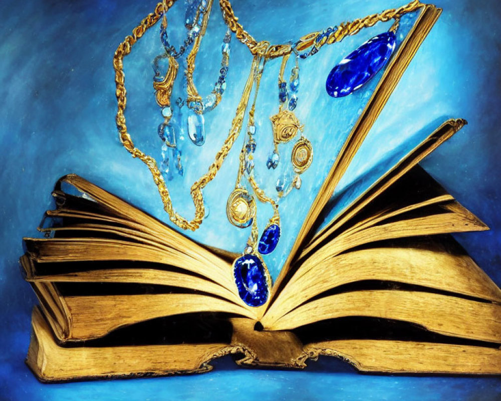 Gold-Paged Open Book with Blue Gemstone Jewelry on Rich Blue Background