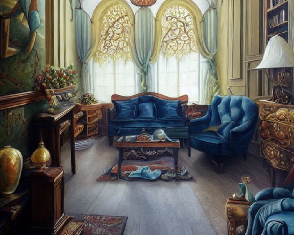 Vintage Room with Blue Furniture, Ornate Bookshelf, Pendant Lamps, and Patterned Rug