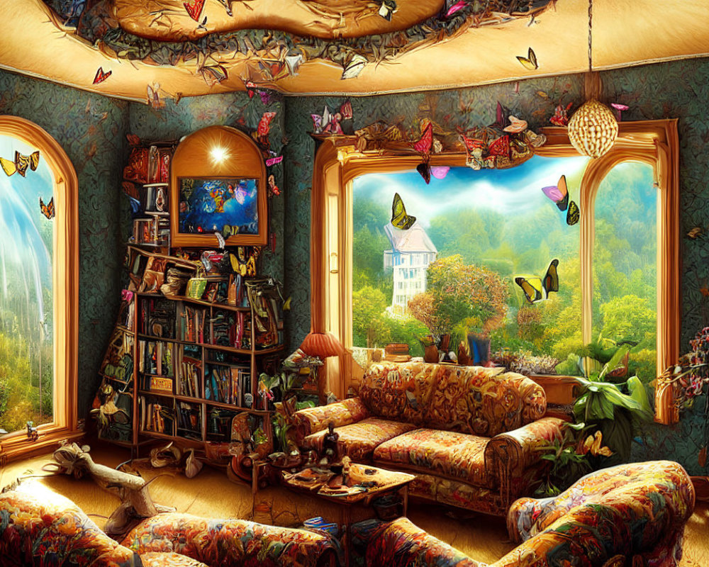 Colorful Room with Butterflies, Overflowing Bookshelf, Plush Sofas, and Scenic