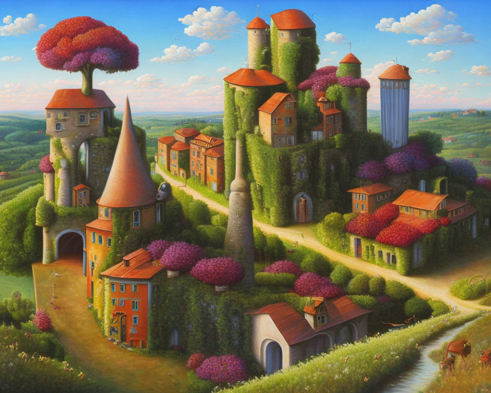 Colorful castle painting with lush greenery and flowers in countryside landscape
