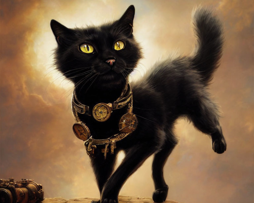 Black Cat with Yellow Eyes in Steampunk Harness on Rock against Cloudy Sky
