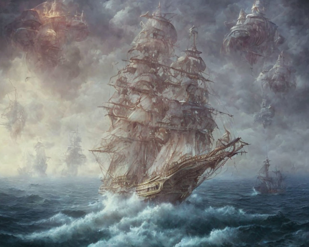 Fantastical airships and old sailing ship in stormy seas