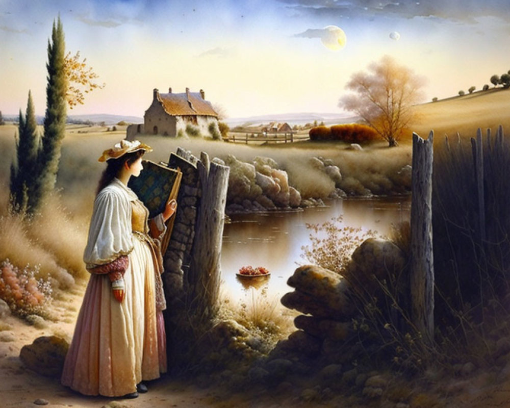 Vintage-clad woman painting by serene pond with sheep and rustic house under pastel sky.