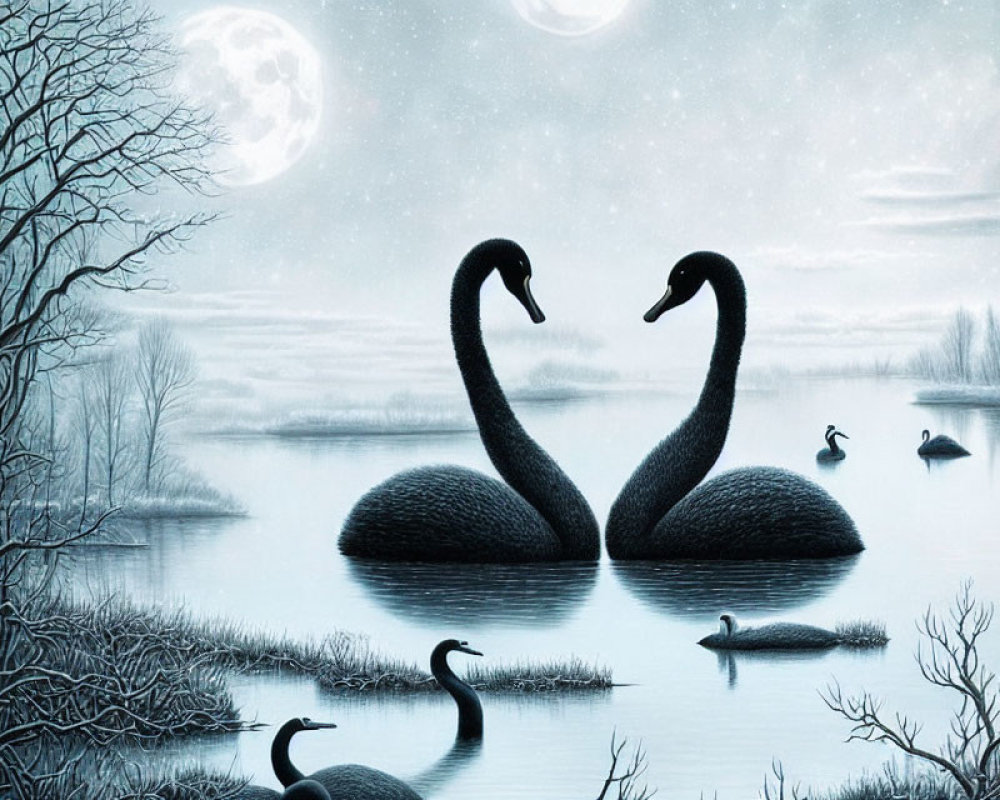 Black swans creating heart shape on moonlit lake with wildlife in winter landscape