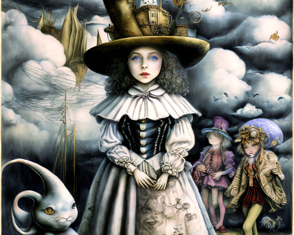 Whimsical artwork of girl with large hat and surreal characters