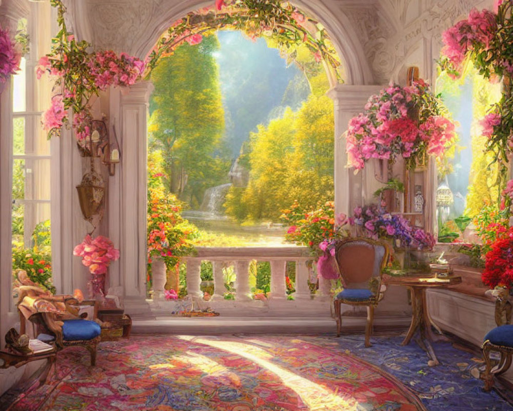 Bright Room with Floral Windows, Garden View, Elegant Furniture