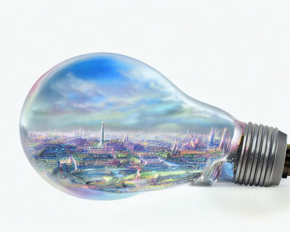 Vibrant futuristic cityscape in clear lightbulb on white background