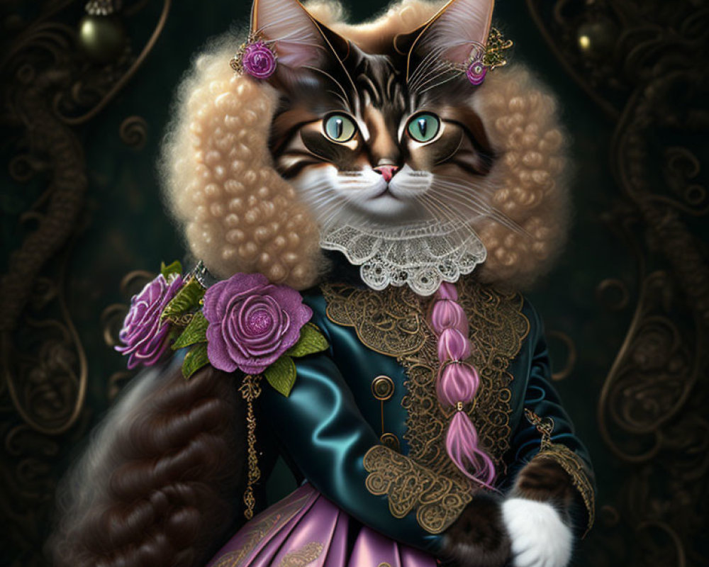 Cat with human-like traits in regal 17th-century attire with lace, flowers, and jewelry