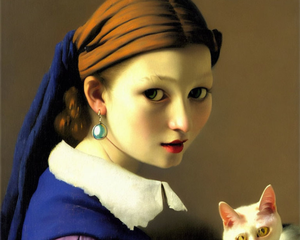Interpretation of classic painting with girl in striped headscarf and white cat