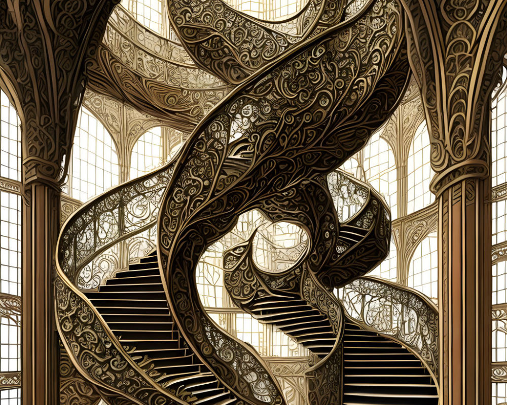 Intricate Swirling Staircase in Grand Hall with Gothic Windows