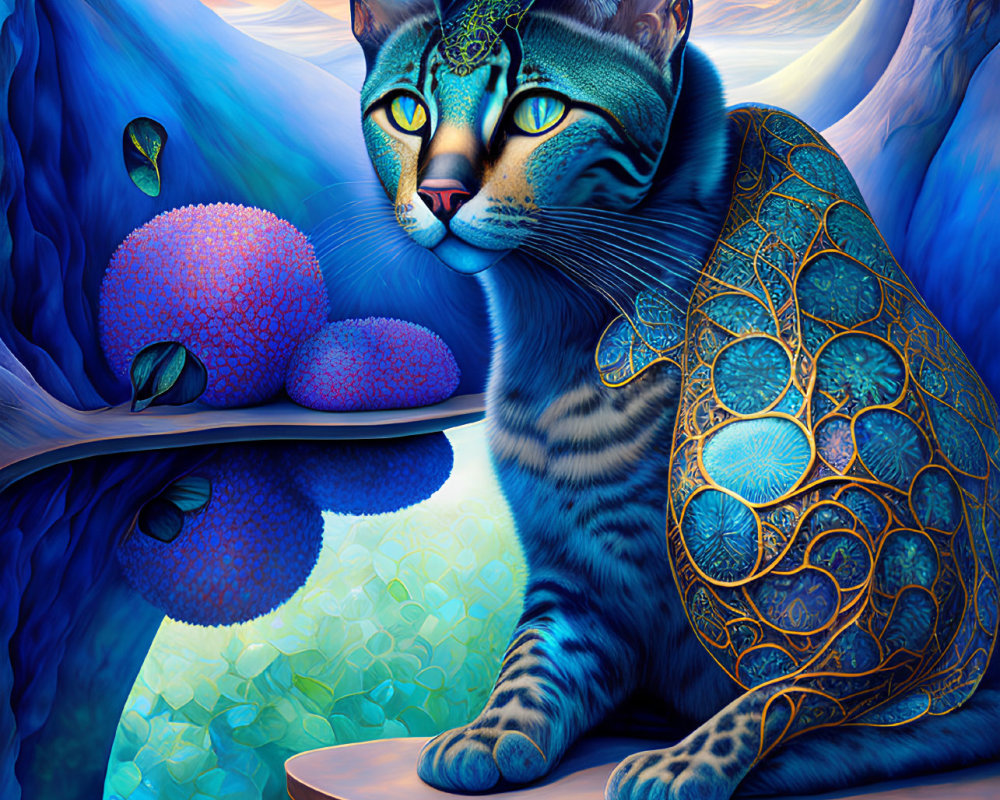Colorful digital artwork: Cat with intricate blue patterns in surreal landscape