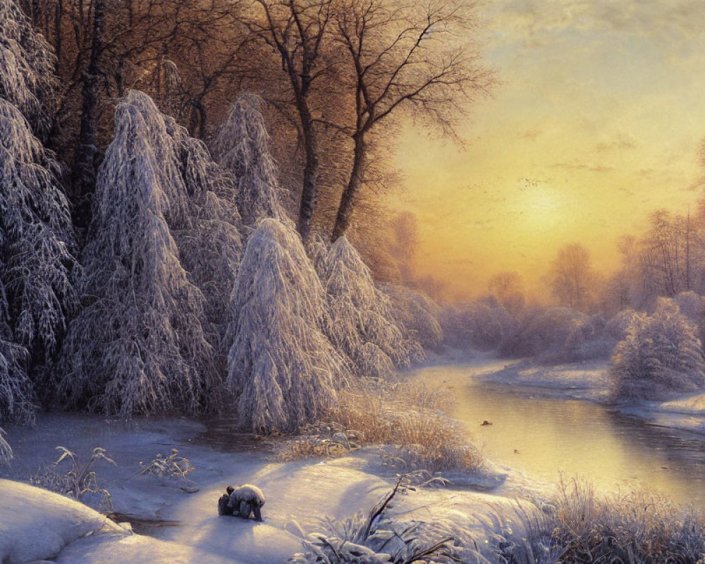 Snow-covered trees, tranquil stream, and warm sunlight in winter landscape