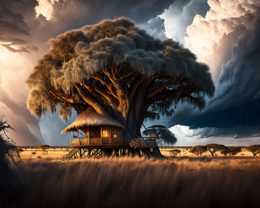 Thatched hut in baobab tree with savannah backdrop