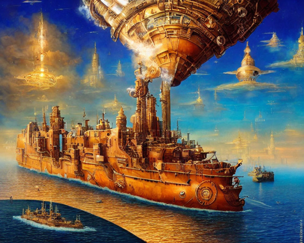 Steampunk-inspired floating city with ship elements in golden sky