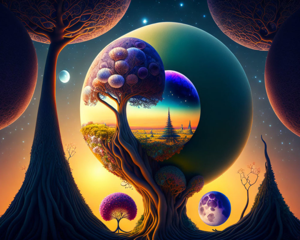 Colorful Fantasy Landscape with Stylized Trees and Planets