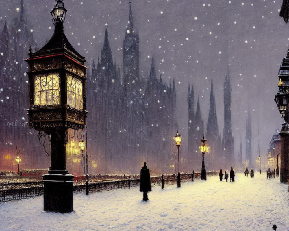 Snowy City Street Scene with Vintage Street Lamps and Pedestrians