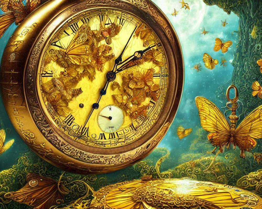 Elaborately designed golden pocket watch with butterflies on turquoise backdrop