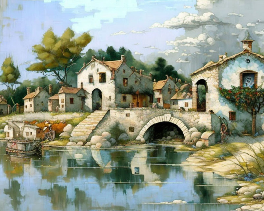 Scenic riverside village with stone houses, bridge, boat, and cloudy sky