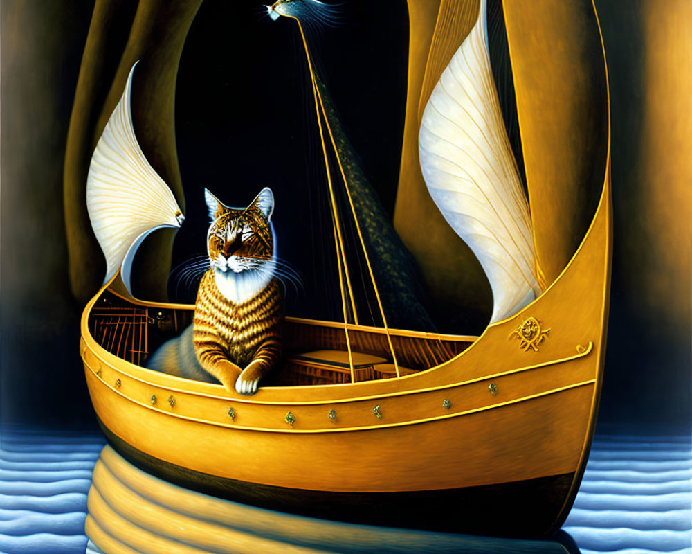 Tabby Cat on Gilded Boat in Serene Waters