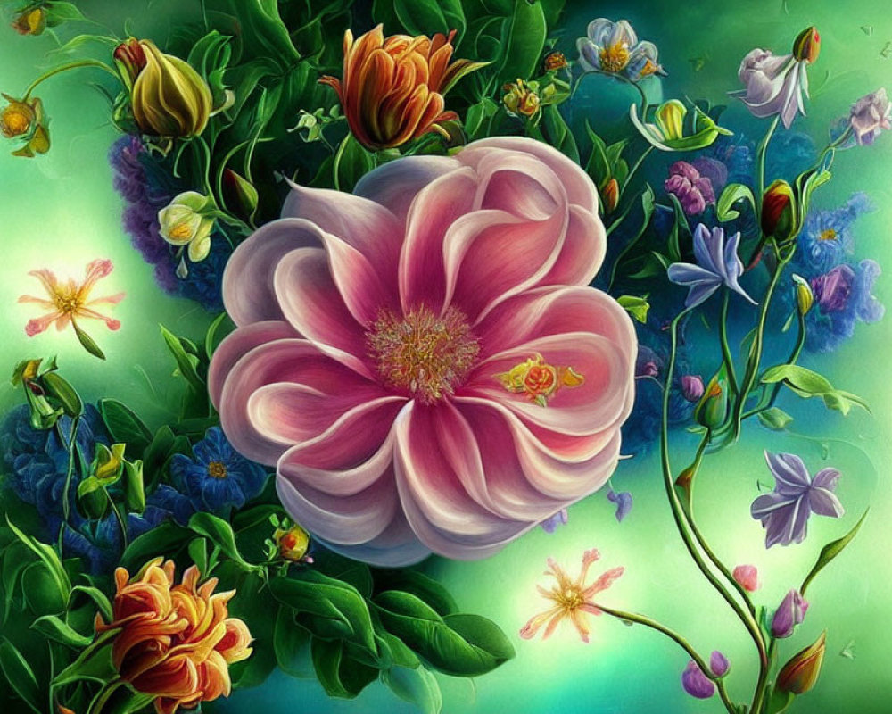 Colorful painting of large pink flower amidst blooming foliage