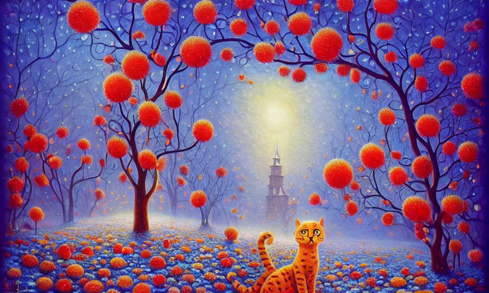 Colorful painting of curious cat in magical forest under starry sky