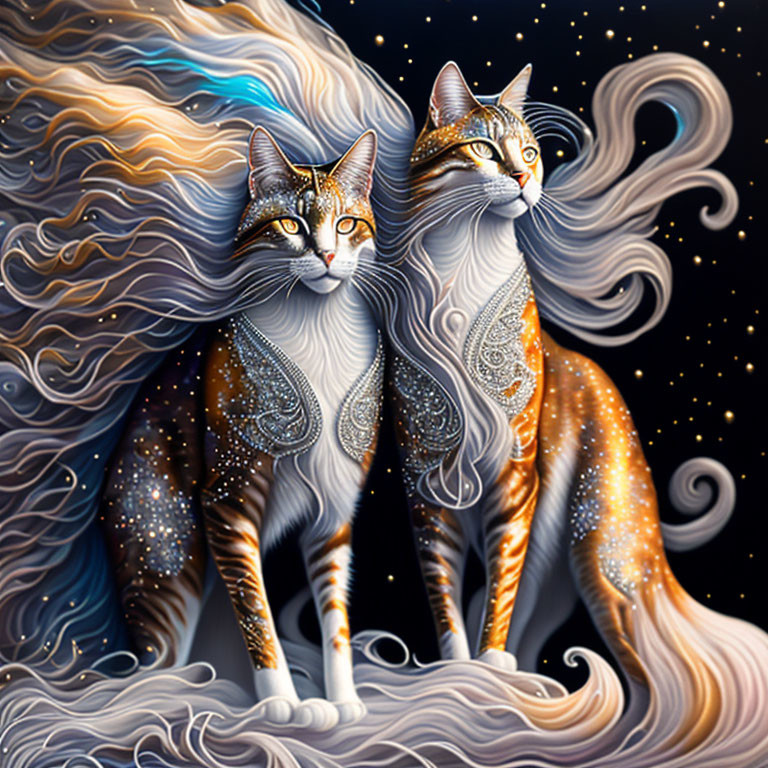 Stylized cats with ornate fur patterns in cosmic fantasy setting