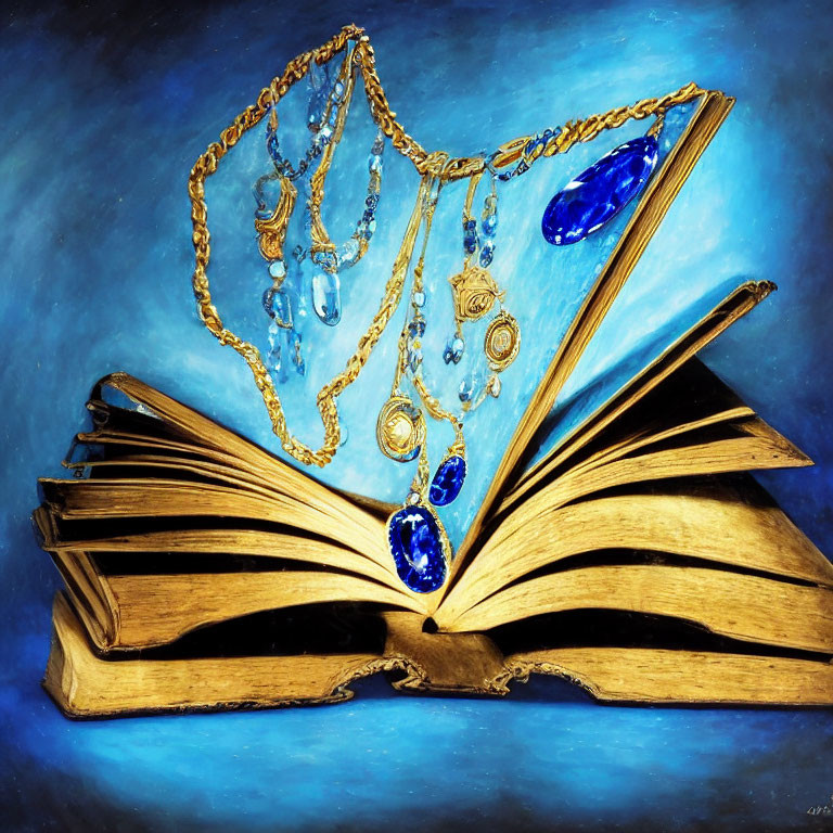 Gold-Paged Open Book with Blue Gemstone Jewelry on Rich Blue Background
