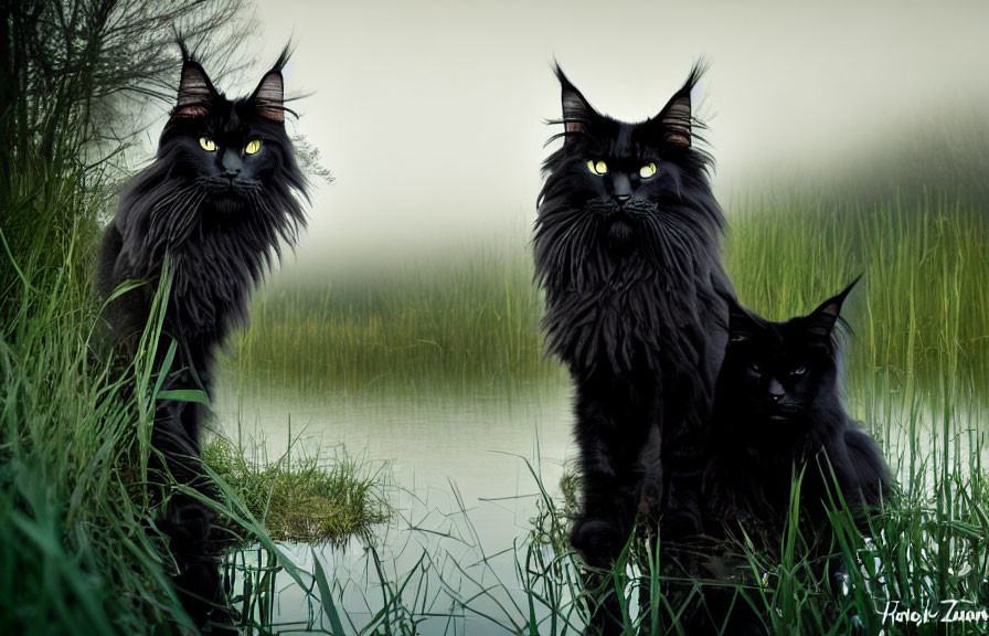 Two Black Cats with Yellow Eyes in Misty Grass by Calm Water