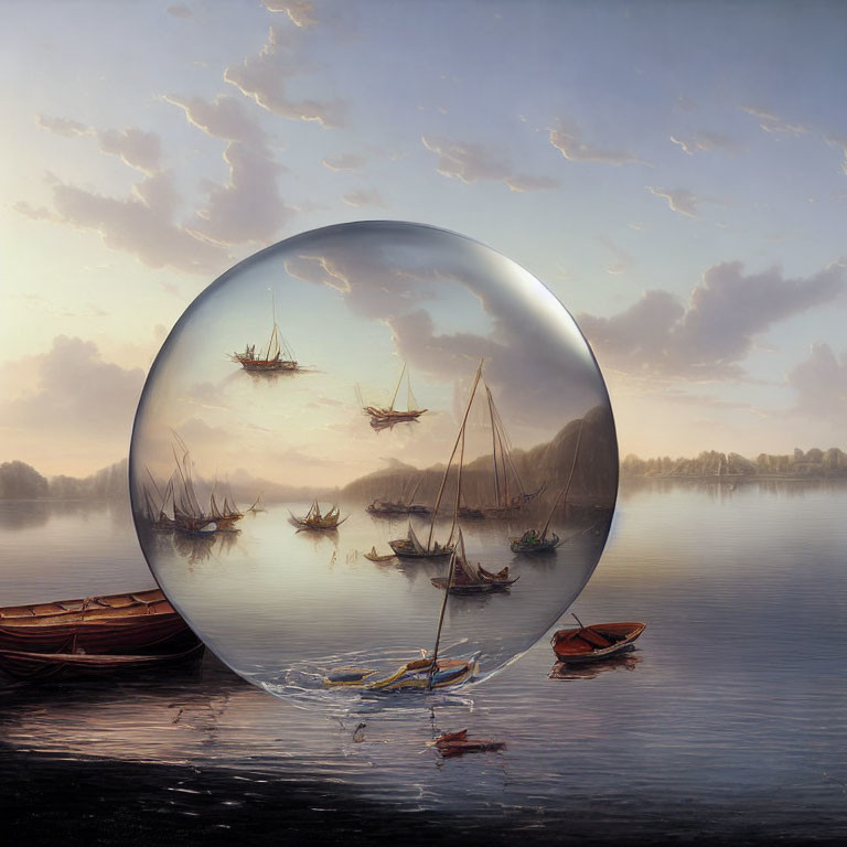 Tranquil seascape with boats reflected in a perfect sphere.