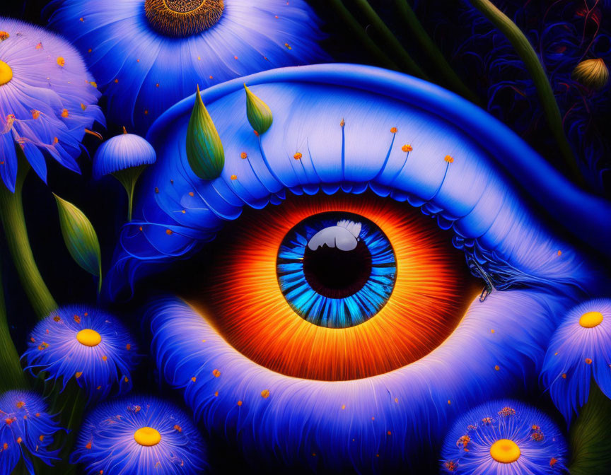 Colorful painting of large blue eye with flowers in blue and purple hues