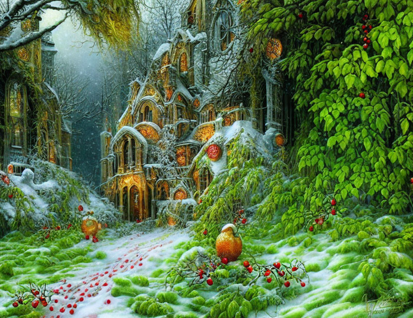 Snow-covered fairy-tale cottage surrounded by ivy and red berries