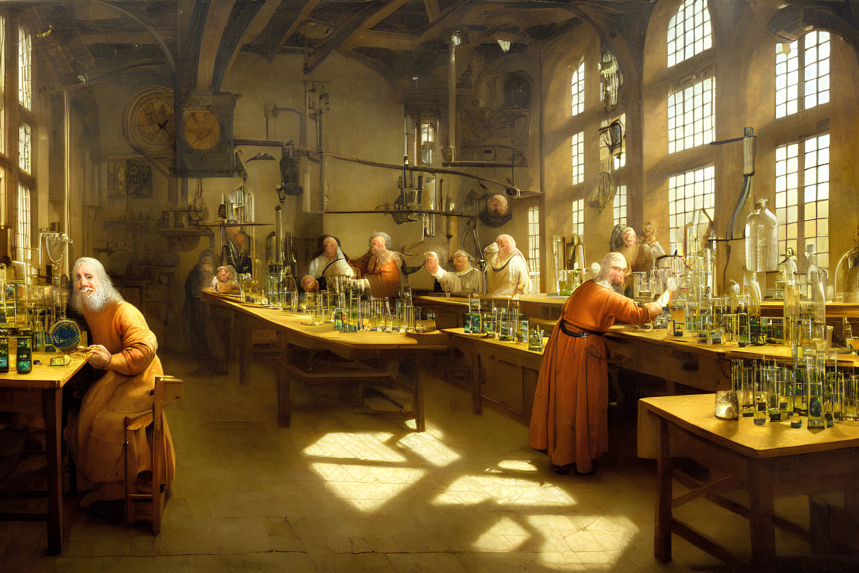 Historical laboratory scene with scholars and scientific equipment in warm sunlight.